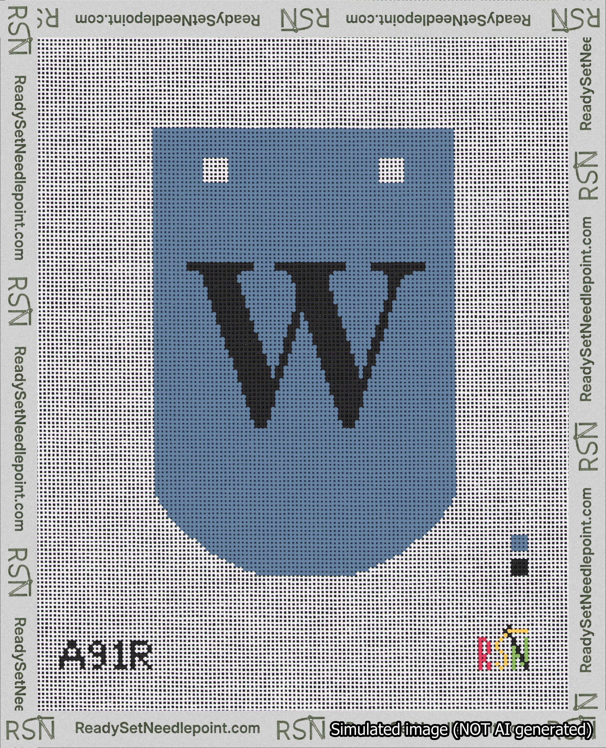 A taped needlepoint canvas with the design: Banner 18 mesh count Curved W Black on Blue.
