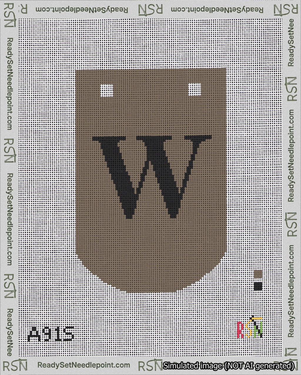 A taped needlepoint canvas with the design: Banner 18 mesh count Curved W Black on Brown.