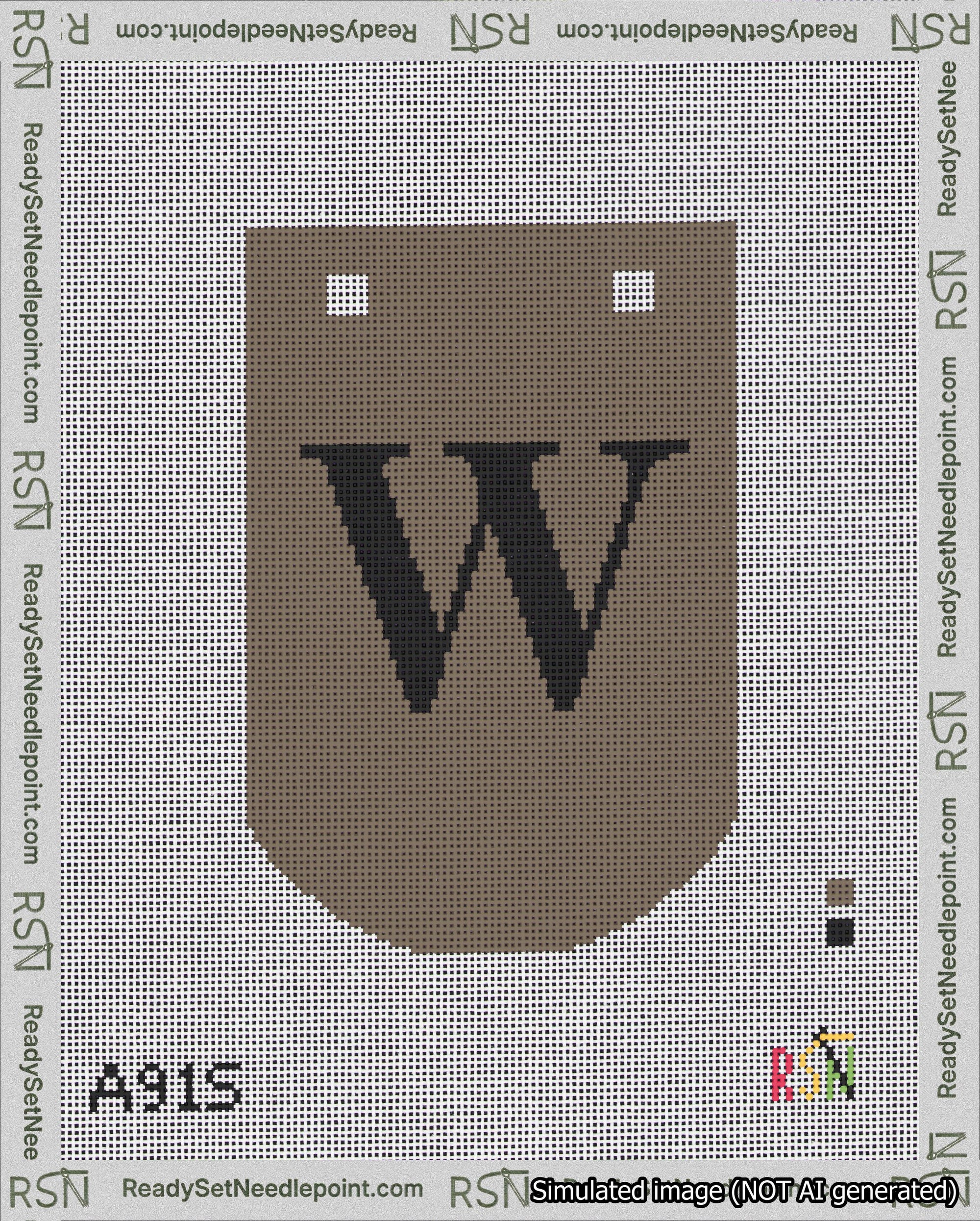 A taped needlepoint canvas with the design: Banner 18 mesh count Curved W Black on Brown.
