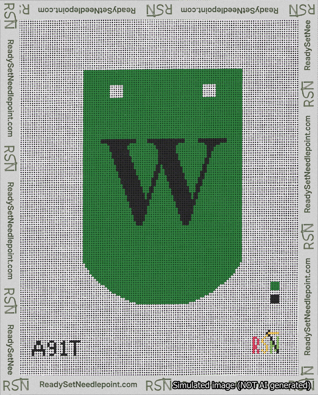 A taped needlepoint canvas with the design: Banner 18 mesh count Curved W Black on Green.