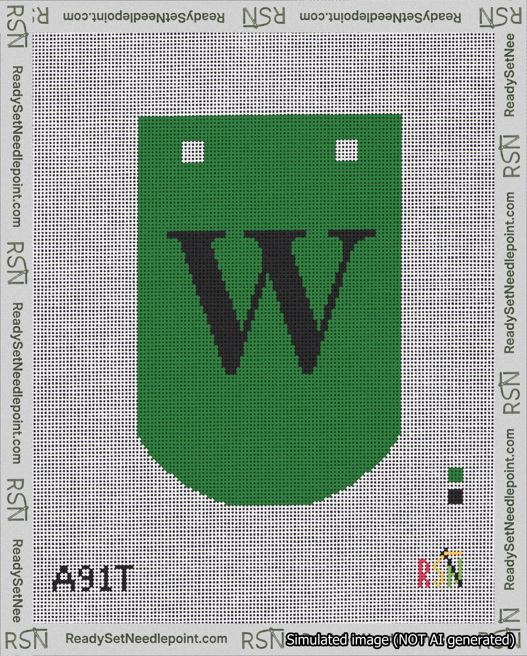 A taped needlepoint canvas with the design: Banner 18 mesh count Curved W Black on Green.