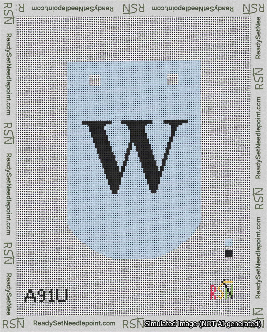 A taped needlepoint canvas with the design: Banner 18 mesh count Curved W Black on Light Blue.