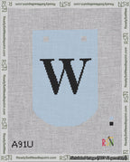 A taped needlepoint canvas with the design: Banner 18 mesh count Curved W Black on Light Blue.
