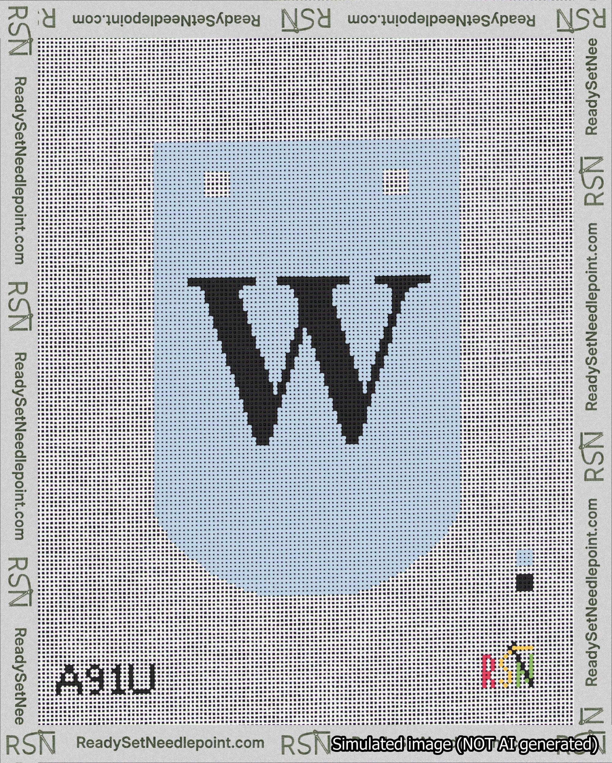 A taped needlepoint canvas with the design: Banner 18 mesh count Curved W Black on Light Blue.