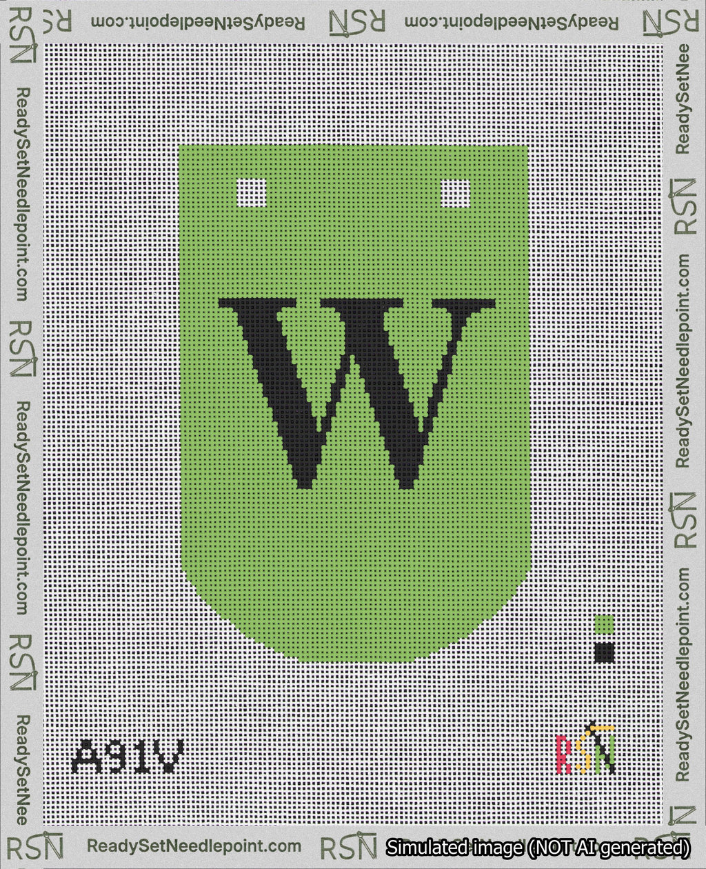 A taped needlepoint canvas with the design: Banner 18 mesh count Curved W Black on Light Green.