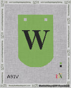 A taped needlepoint canvas with the design: Banner 18 mesh count Curved W Black on Light Green.