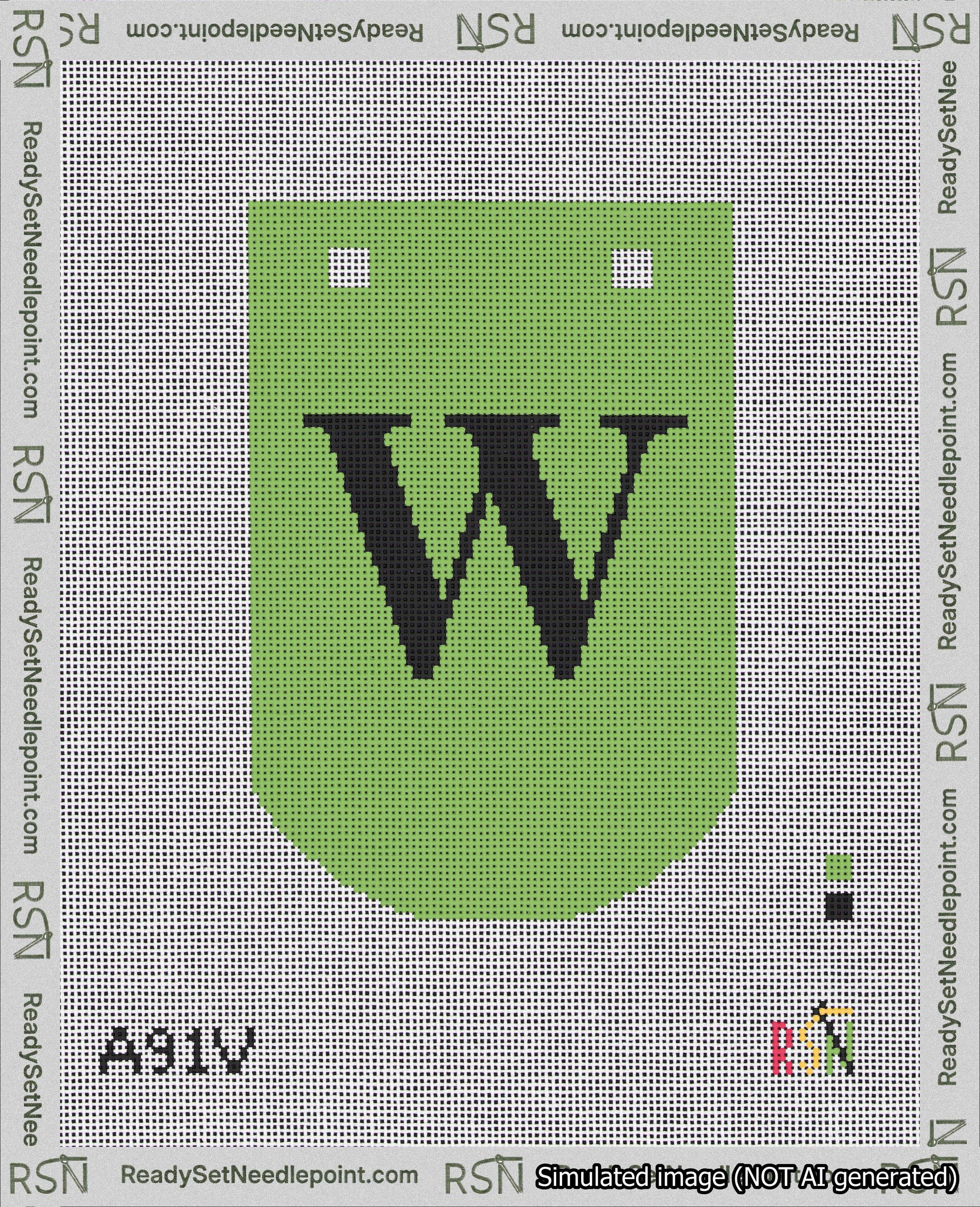 A taped needlepoint canvas with the design: Banner 18 mesh count Curved W Black on Light Green.