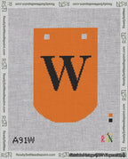 A taped needlepoint canvas with the design: Banner 18 mesh count Curved W Black on Orange.