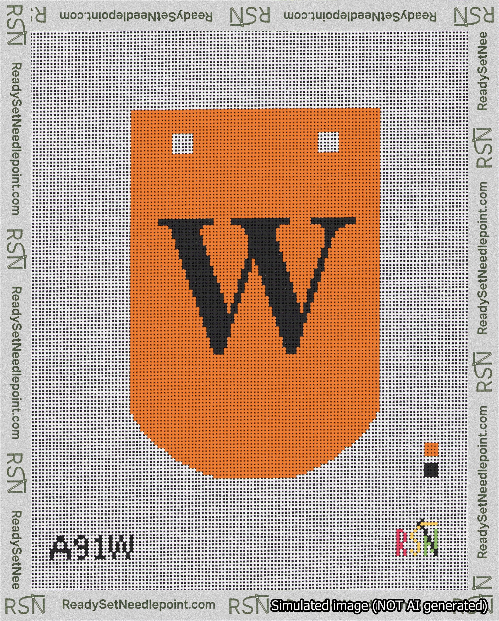 A taped needlepoint canvas with the design: Banner 18 mesh count Curved W Black on Orange.