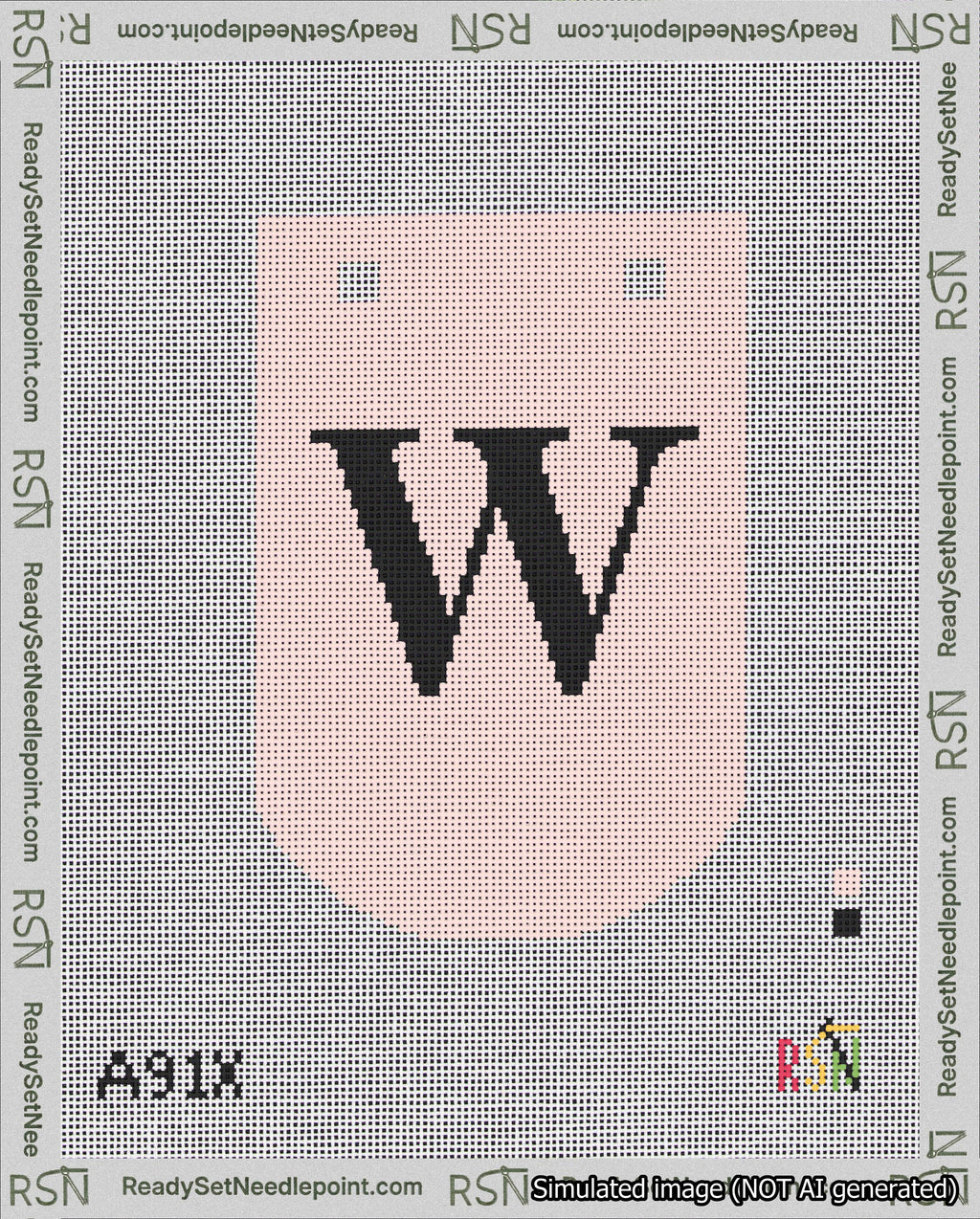 A taped needlepoint canvas with the design: Banner 18 mesh count Curved W Black on Pink.