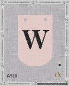 A taped needlepoint canvas with the design: Banner 18 mesh count Curved W Black on Pink.