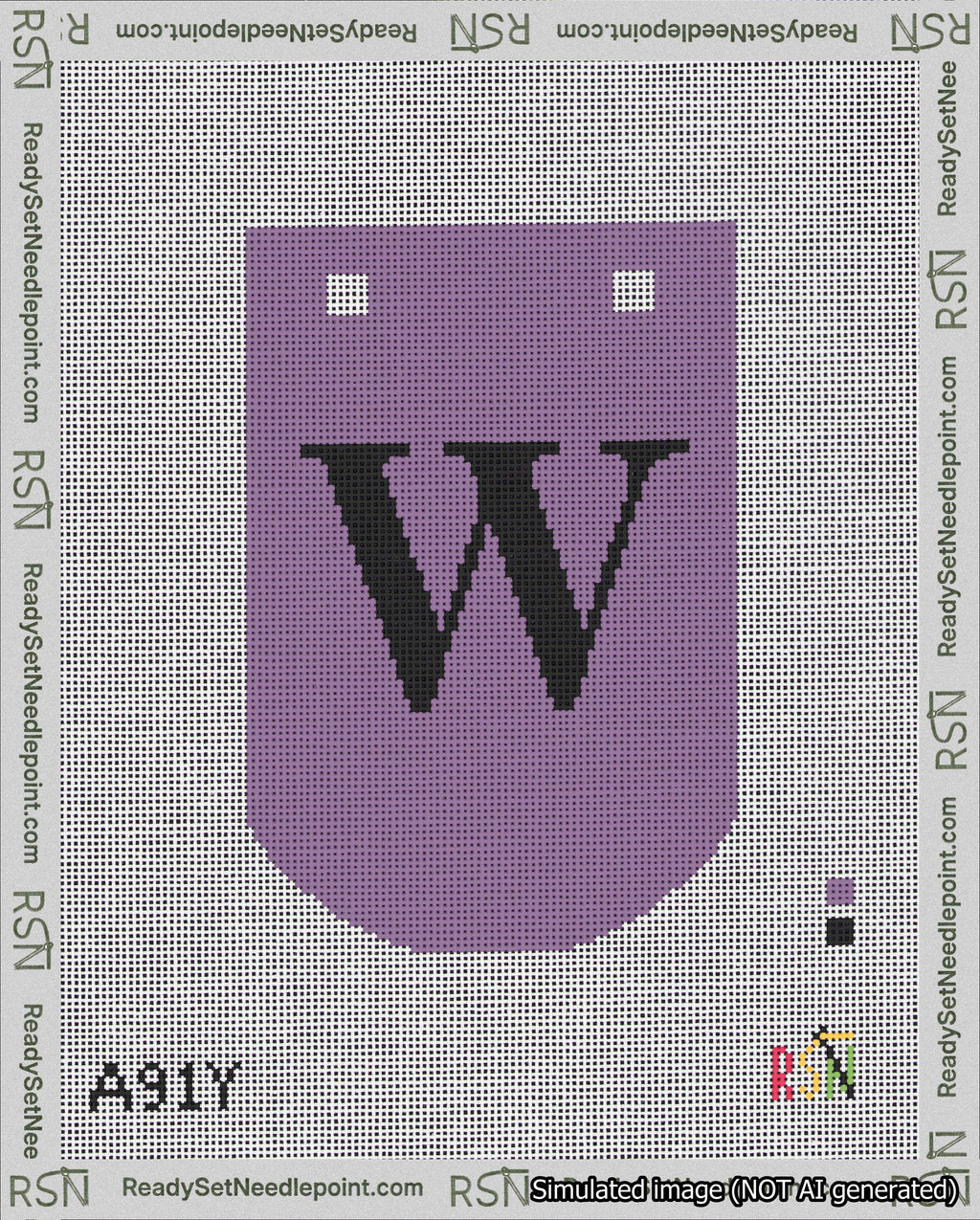 A taped needlepoint canvas with the design: Banner 18 mesh count Curved W Black on Purple.