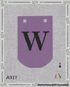 A taped needlepoint canvas with the design: Banner 18 mesh count Curved W Black on Purple.