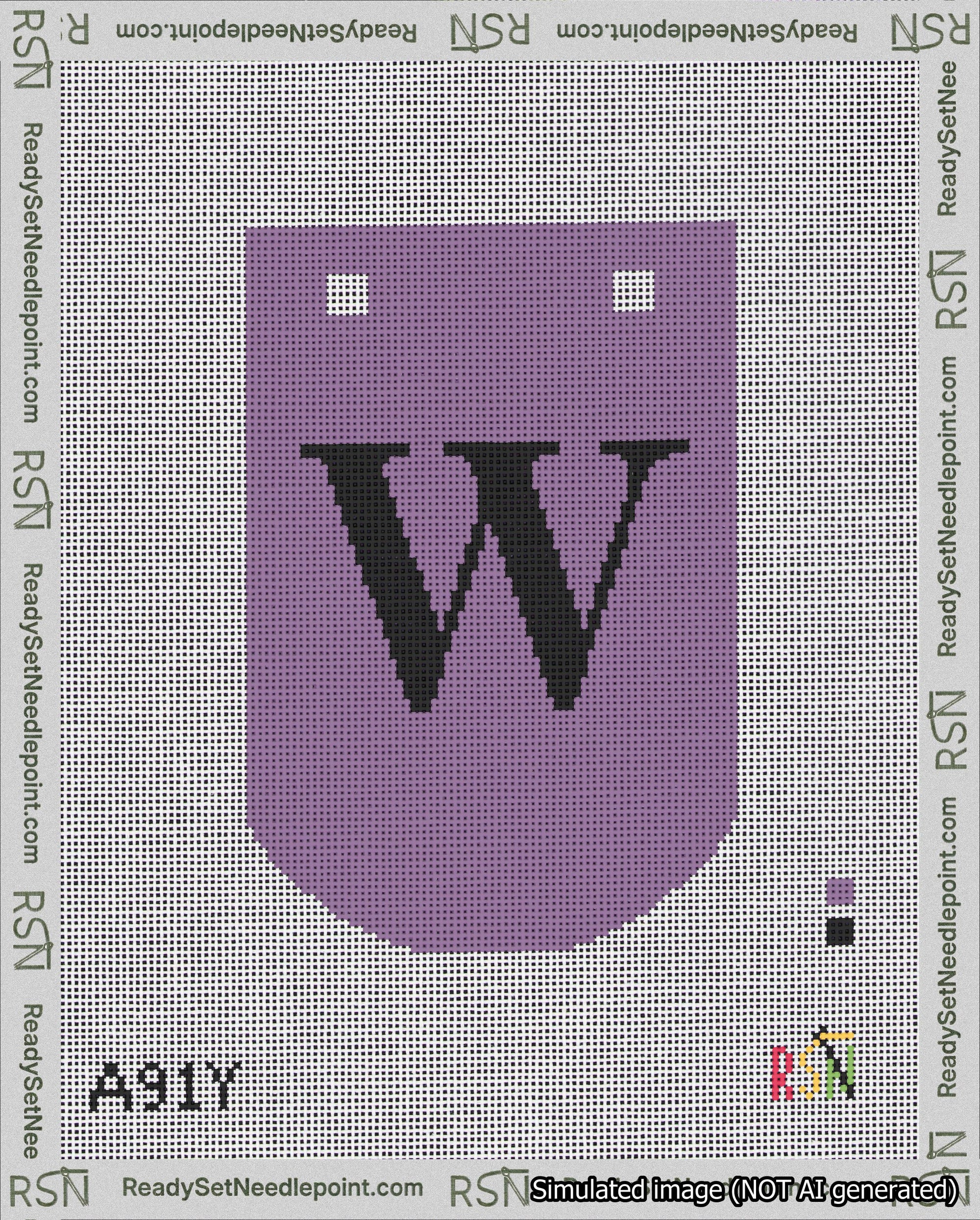 A taped needlepoint canvas with the design: Banner 18 mesh count Curved W Black on Purple.