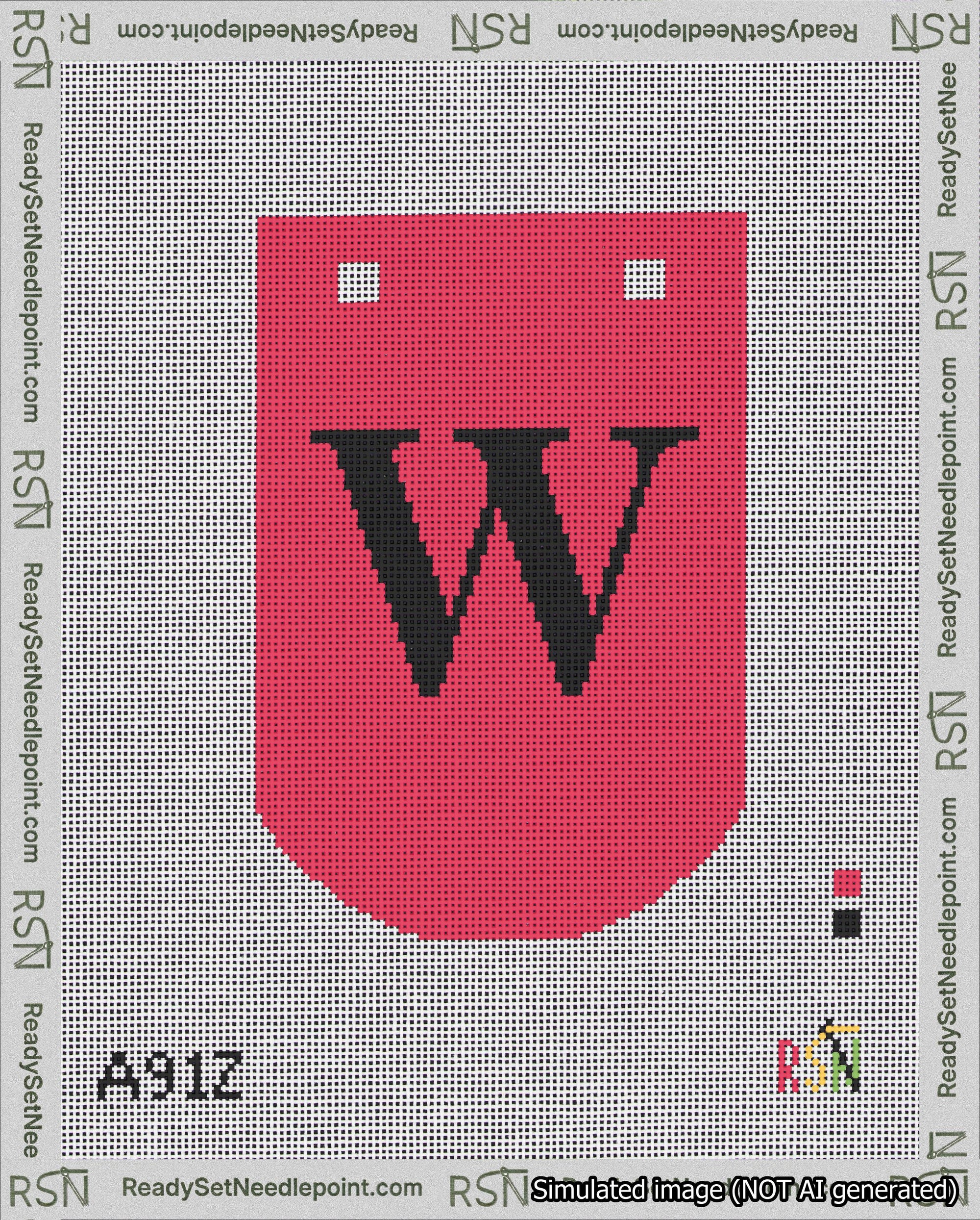 A taped needlepoint canvas with the design: Banner 18 mesh count Curved W Black on Red.