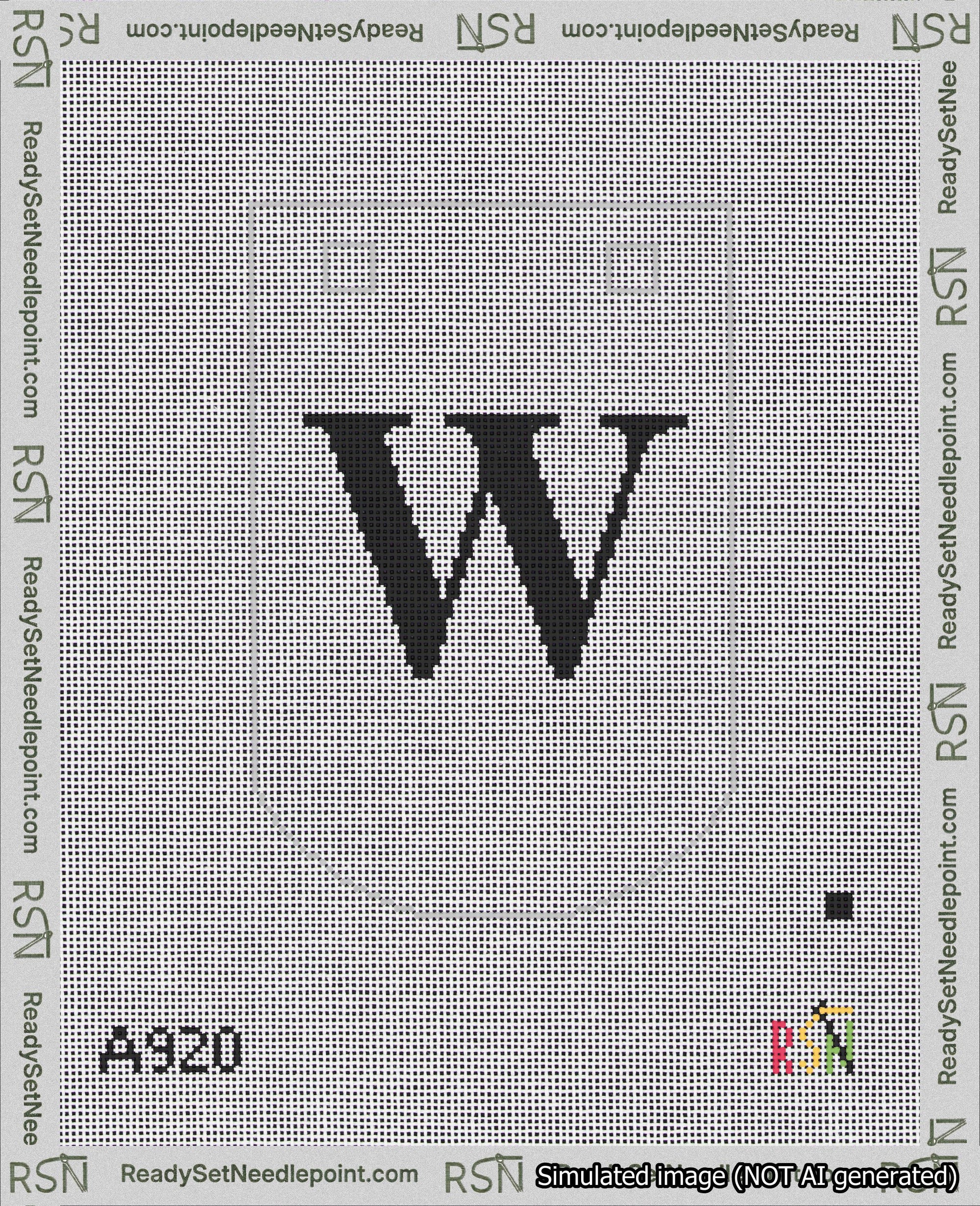 A taped needlepoint canvas with the design: Banner 18 mesh count Curved W Black on White.