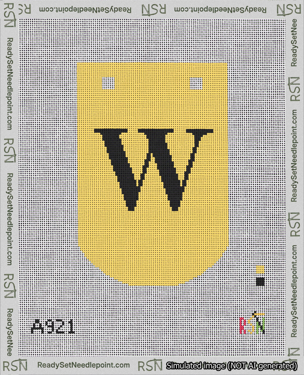 A taped needlepoint canvas with the design: Banner 18 mesh count Curved W Black on Yellow.