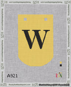 A taped needlepoint canvas with the design: Banner 18 mesh count Curved W Black on Yellow.