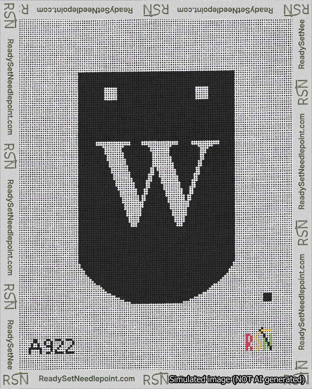A taped needlepoint canvas with the design: Banner 18 mesh count Curved W White on Black.