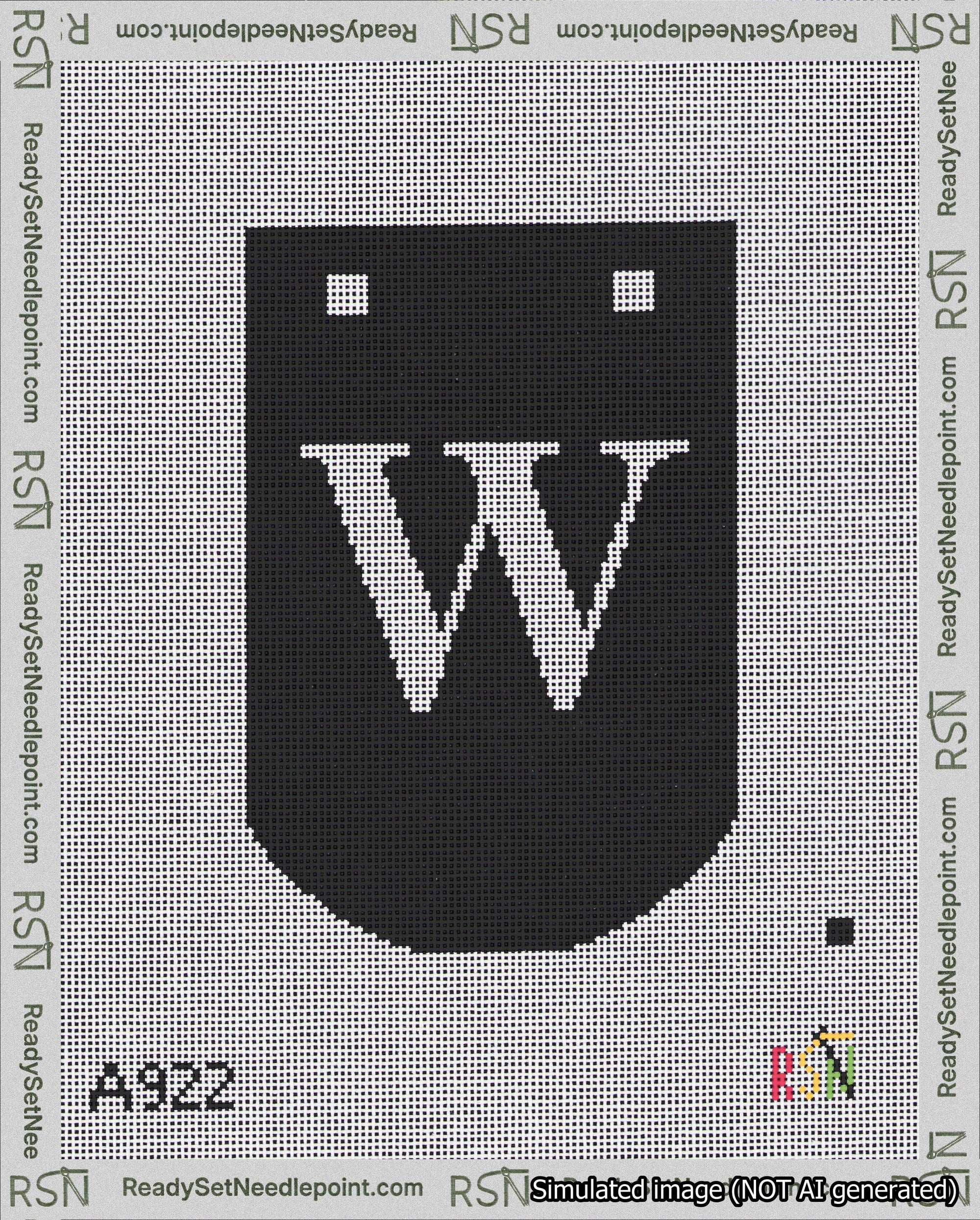 A taped needlepoint canvas with the design: Banner 18 mesh count Curved W White on Black.
