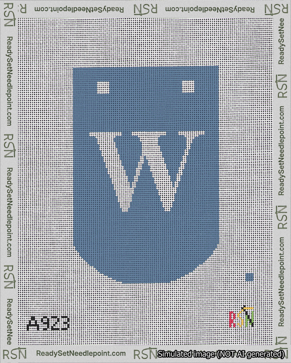 A taped needlepoint canvas with the design: Banner 18 mesh count Curved W White on Blue.