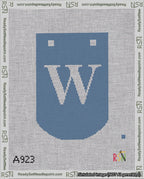 A taped needlepoint canvas with the design: Banner 18 mesh count Curved W White on Blue.