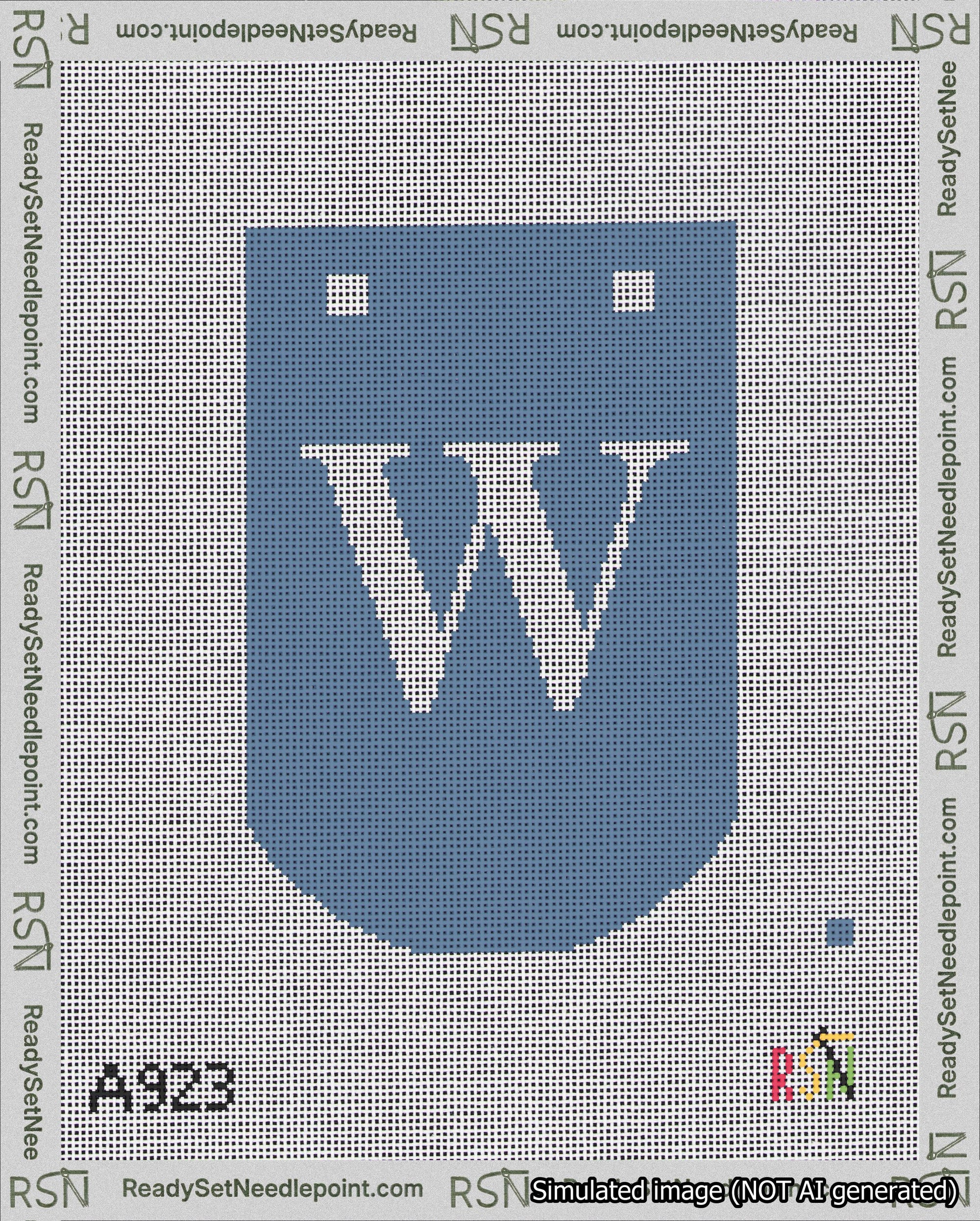 A taped needlepoint canvas with the design: Banner 18 mesh count Curved W White on Blue.