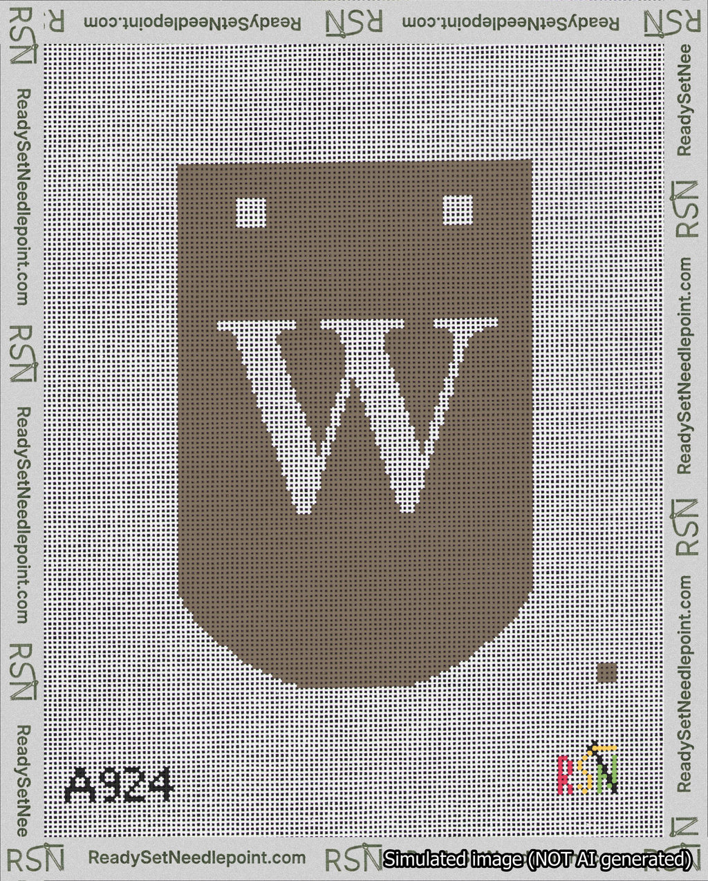 A taped needlepoint canvas with the design: Banner 18 mesh count Curved W White on Brown.