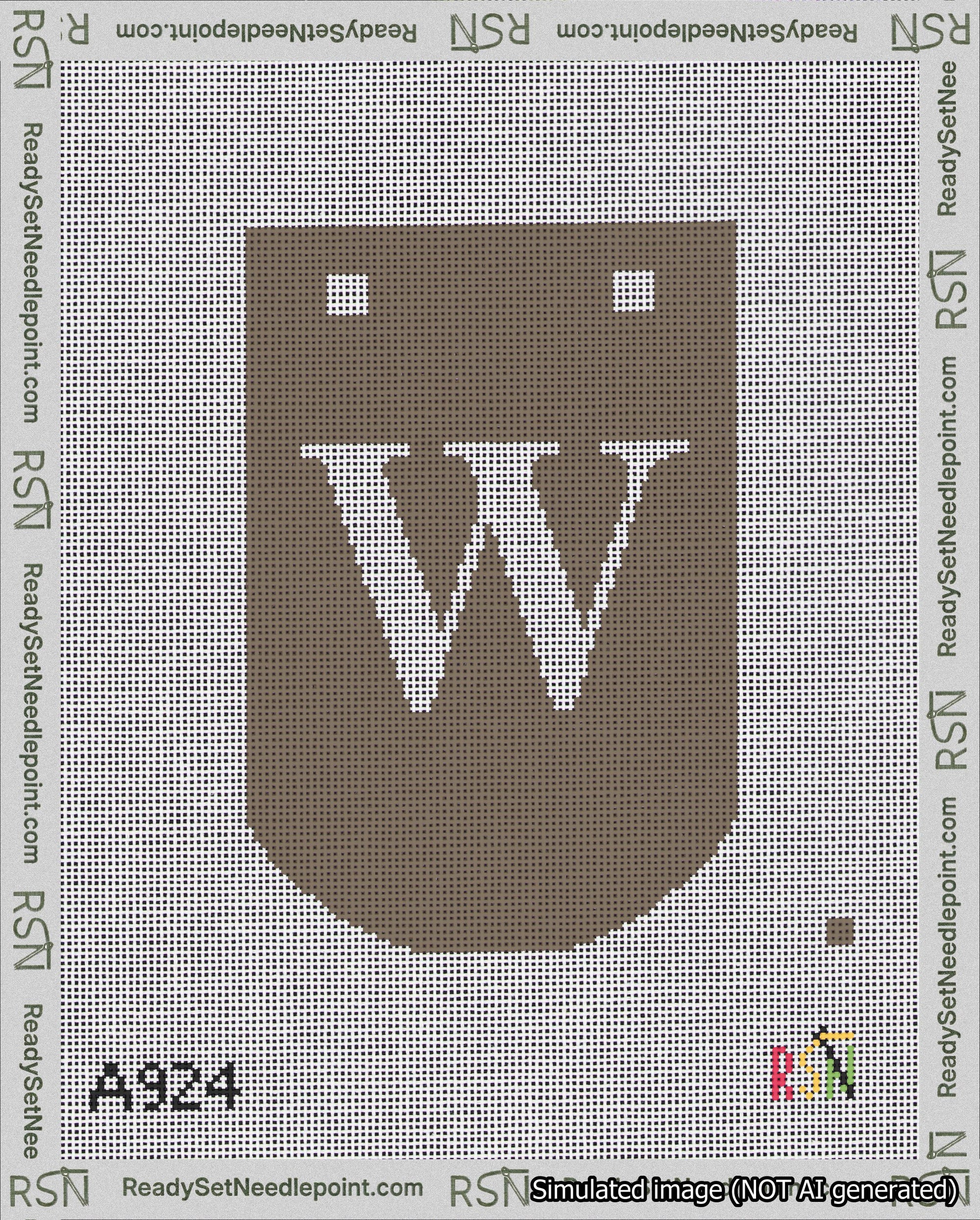 A taped needlepoint canvas with the design: Banner 18 mesh count Curved W White on Brown.