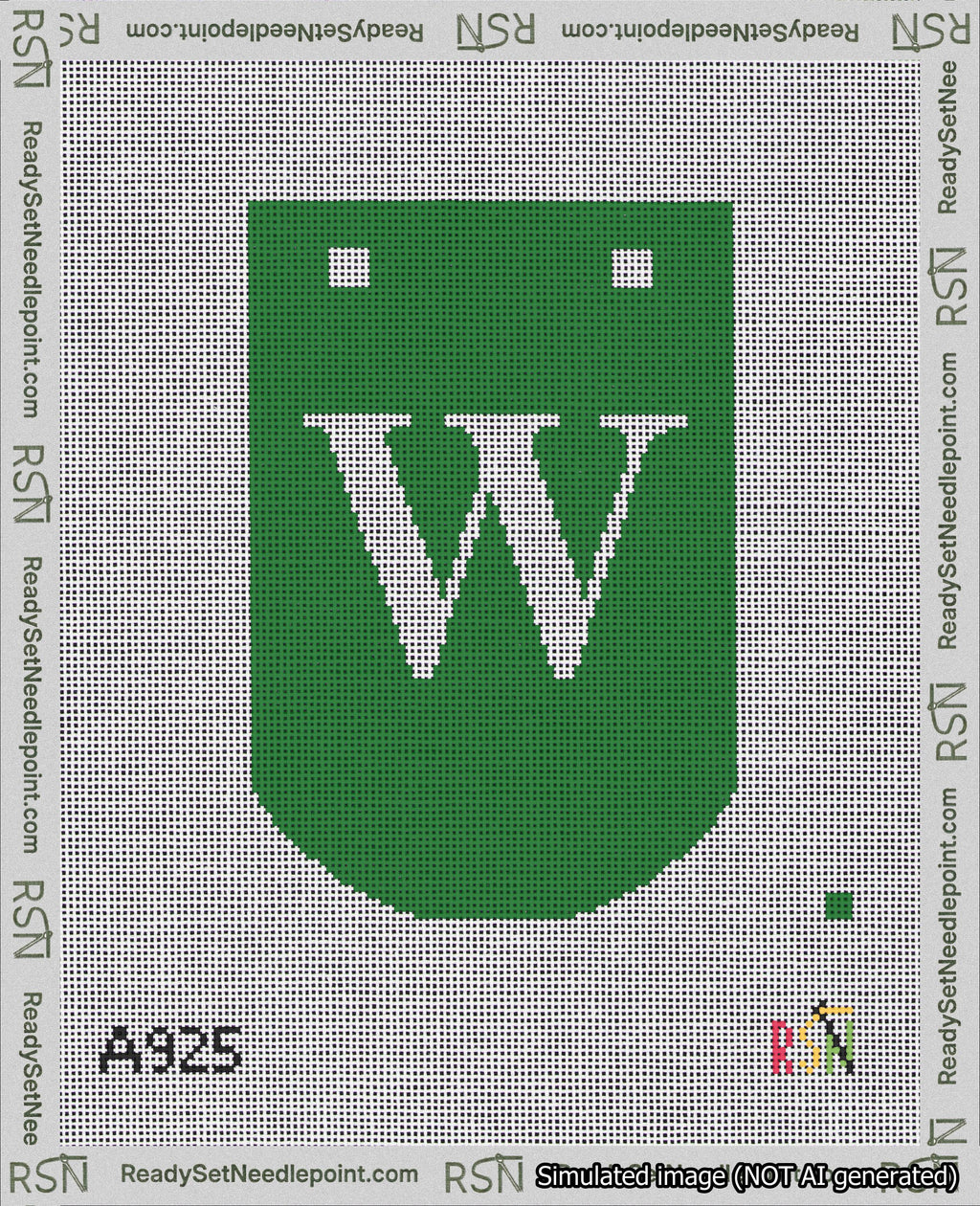 A taped needlepoint canvas with the design: Banner 18 mesh count Curved W White on Green.