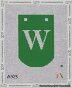 A taped needlepoint canvas with the design: Banner 18 mesh count Curved W White on Green.