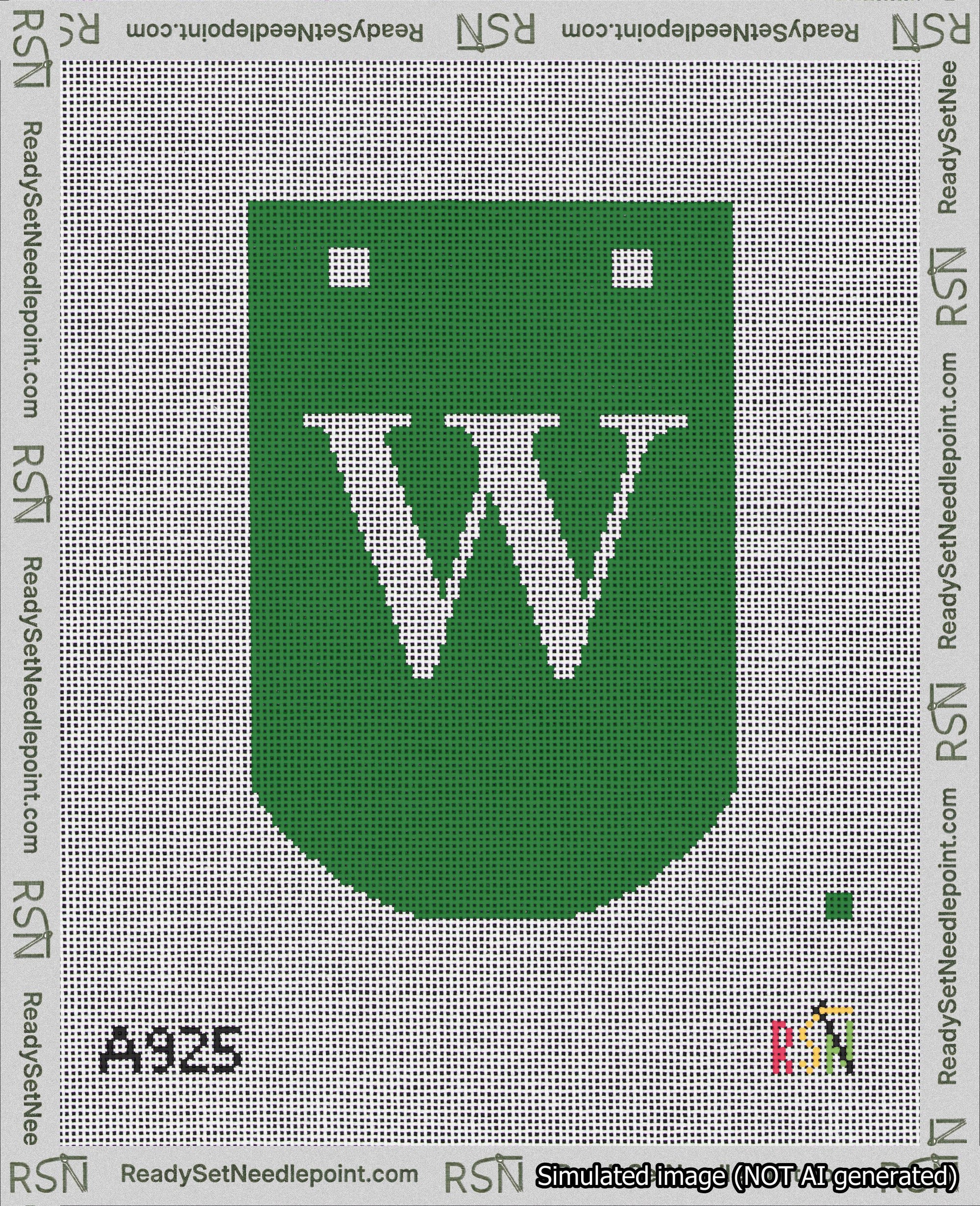 A taped needlepoint canvas with the design: Banner 18 mesh count Curved W White on Green.