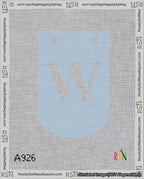 A taped needlepoint canvas with the design: Banner 18 mesh count Curved W White on Light Blue.