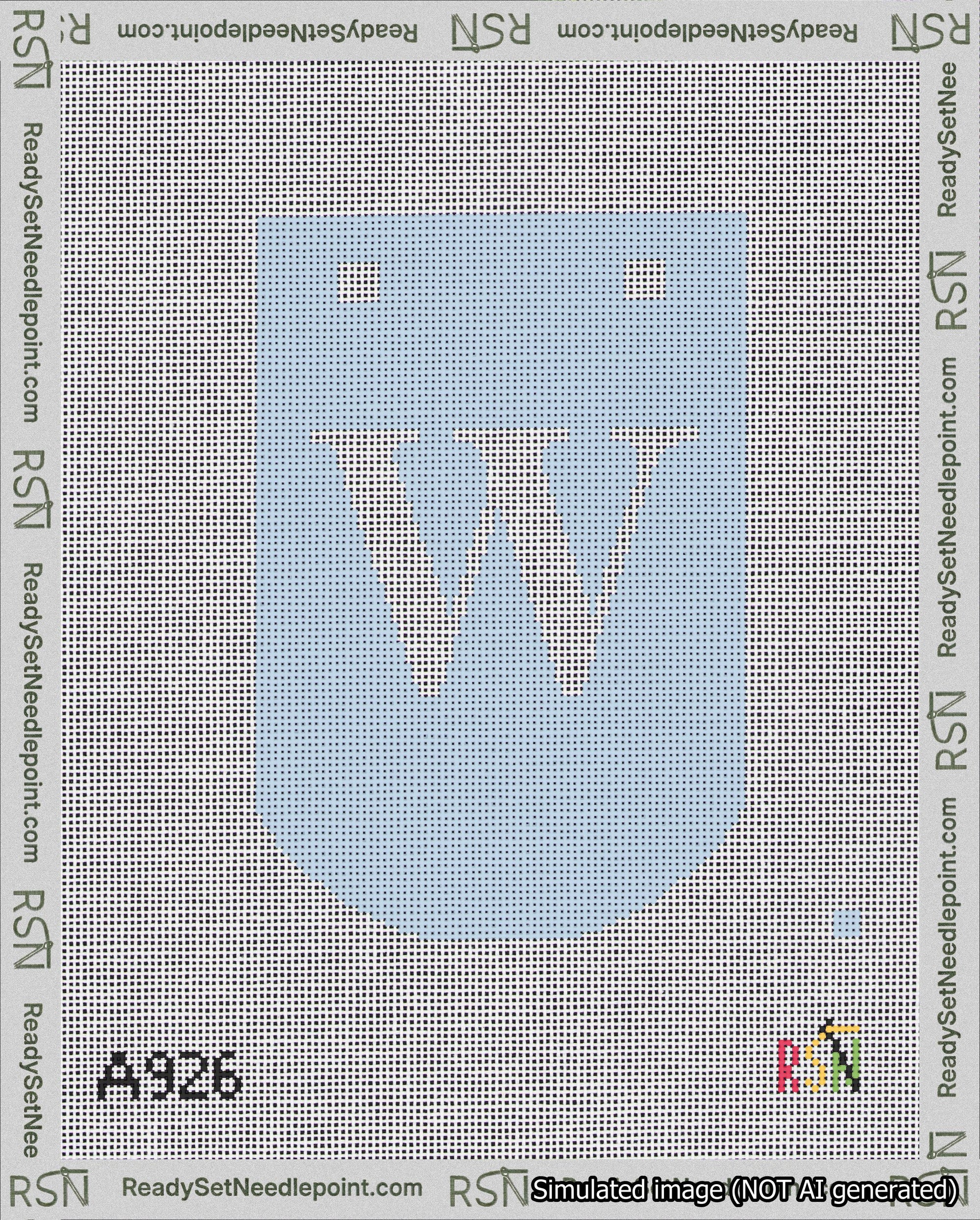 A taped needlepoint canvas with the design: Banner 18 mesh count Curved W White on Light Blue.