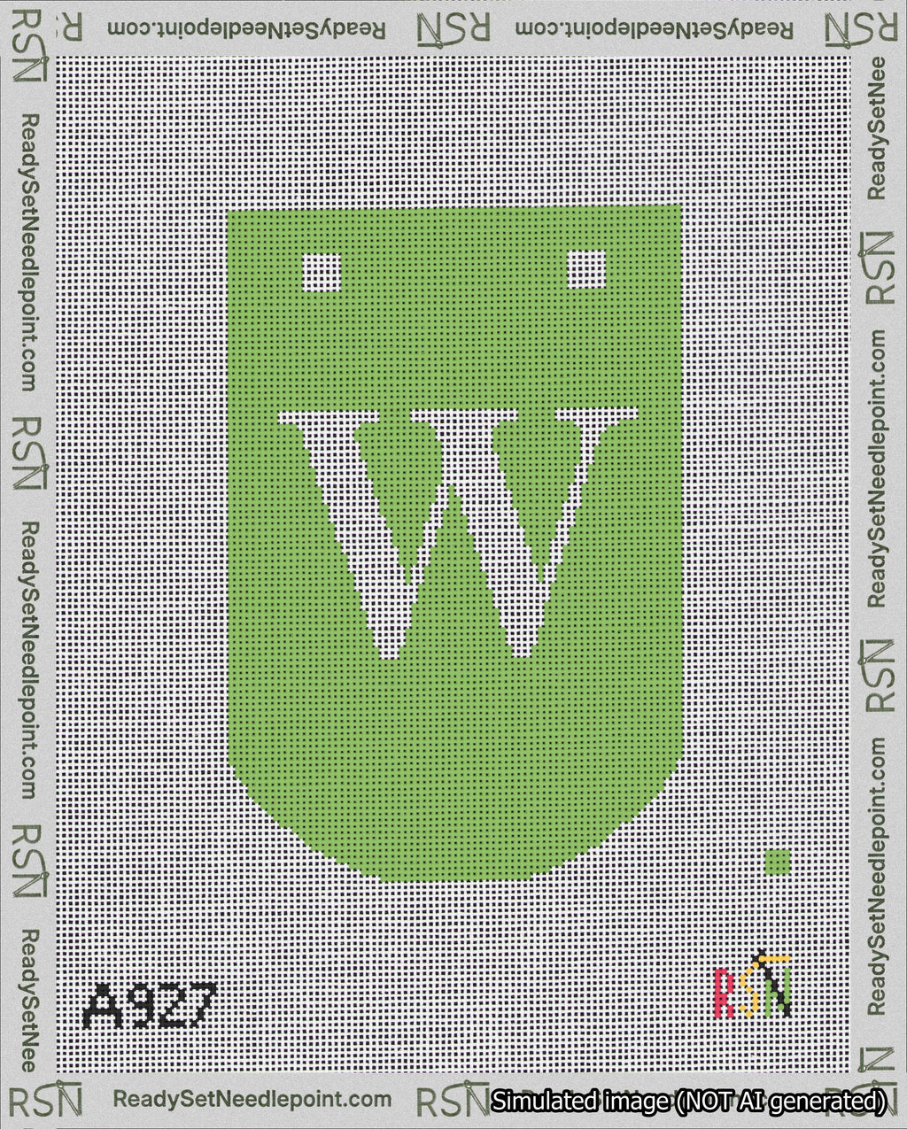 A taped needlepoint canvas with the design: Banner 18 mesh count Curved W White on Light Green.
