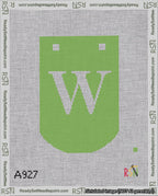 A taped needlepoint canvas with the design: Banner 18 mesh count Curved W White on Light Green.