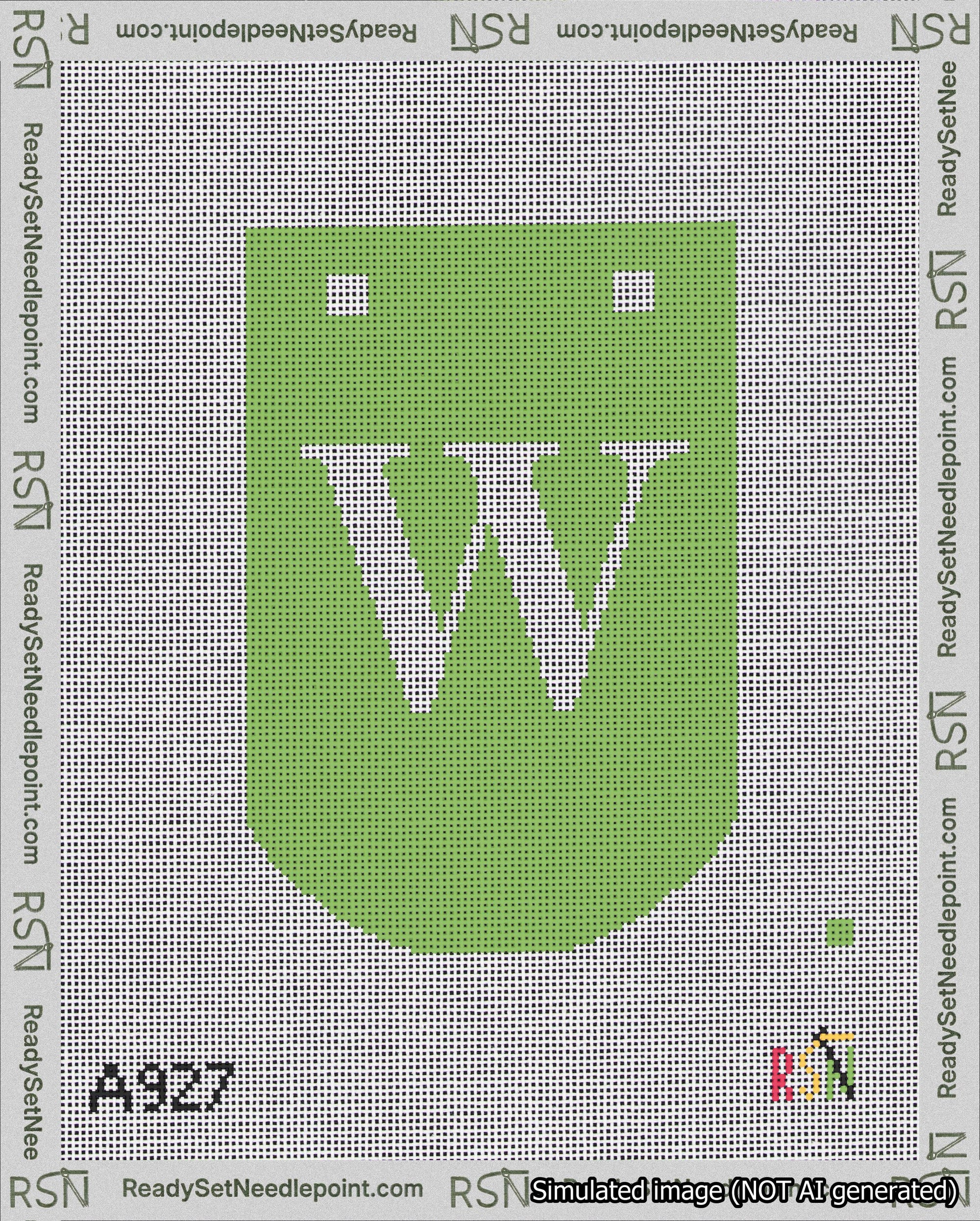 A taped needlepoint canvas with the design: Banner 18 mesh count Curved W White on Light Green.