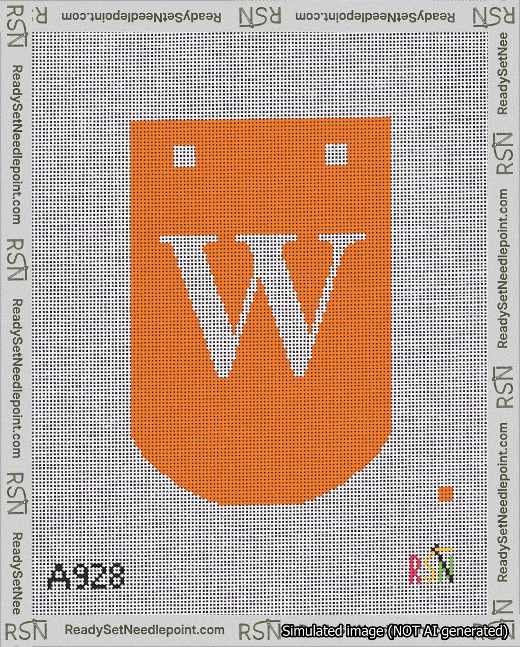 A taped needlepoint canvas with the design: Banner 18 mesh count Curved W White on Orange.