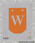 A taped needlepoint canvas with the design: Banner 18 mesh count Curved W White on Orange.