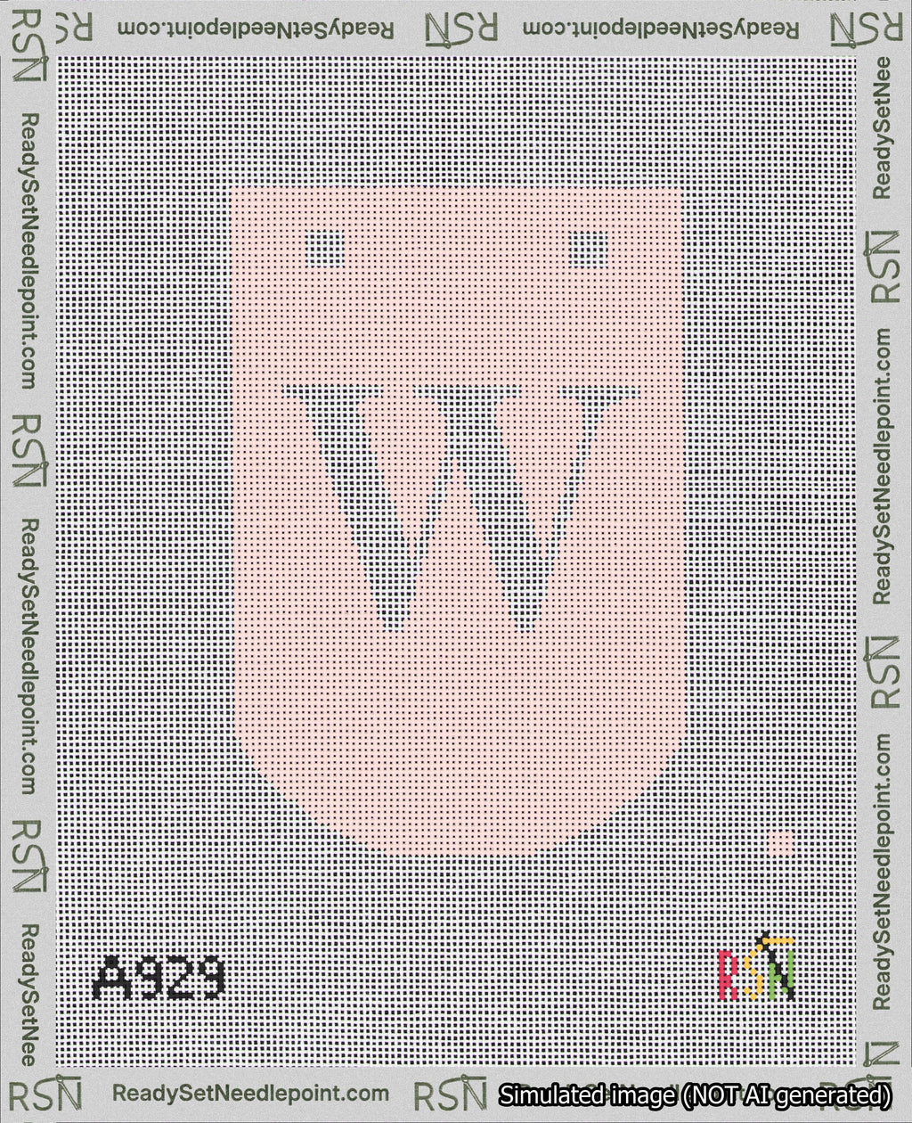 A taped needlepoint canvas with the design: Banner 18 mesh count Curved W White on Pink.