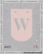 A taped needlepoint canvas with the design: Banner 18 mesh count Curved W White on Pink.