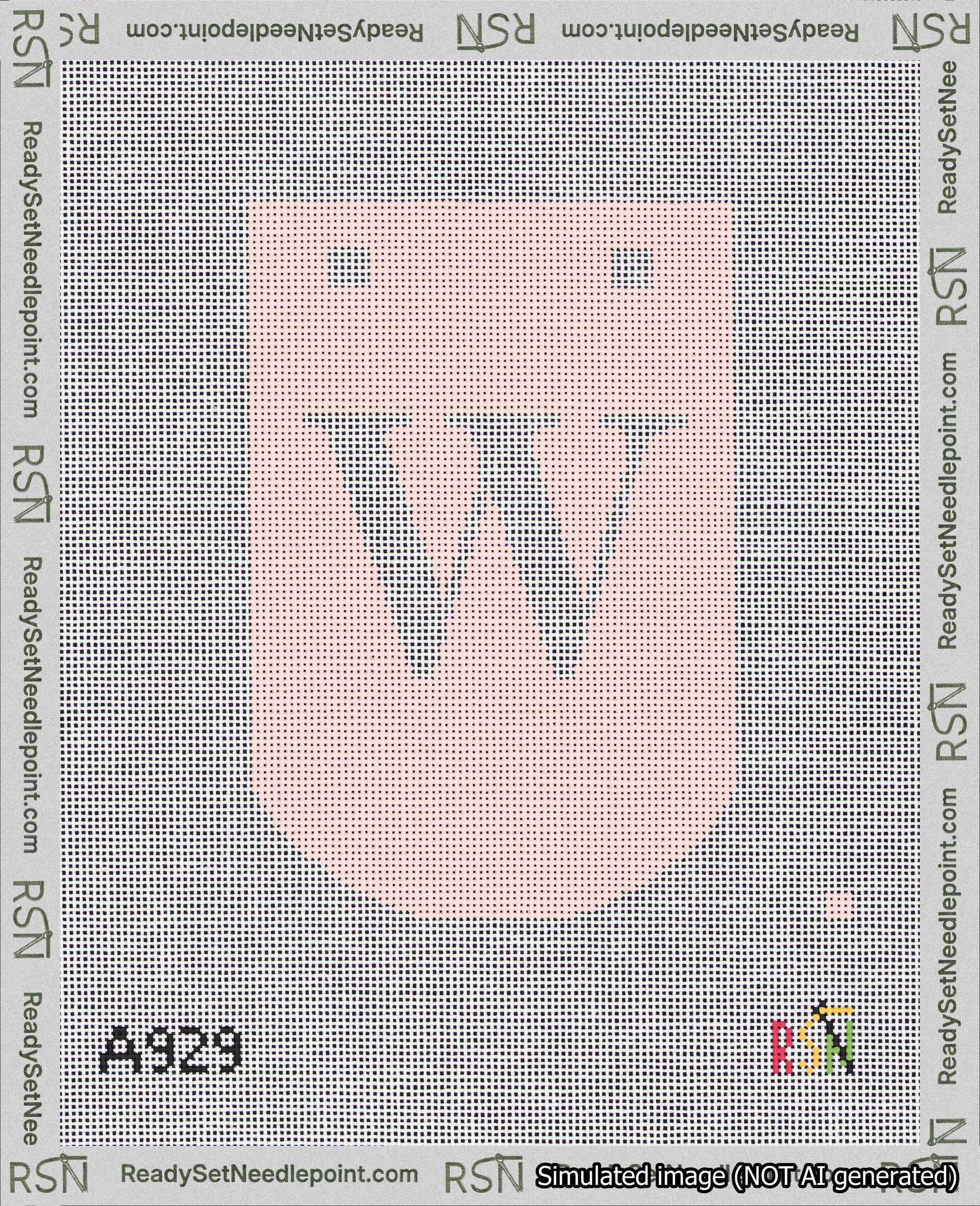 A taped needlepoint canvas with the design: Banner 18 mesh count Curved W White on Pink.