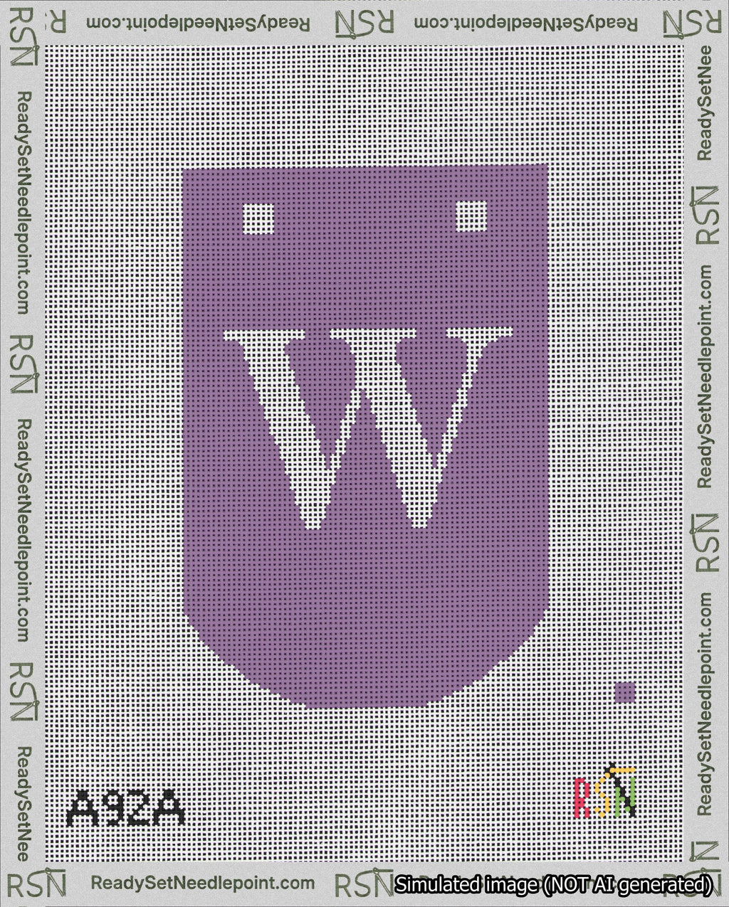 A taped needlepoint canvas with the design: Banner 18 mesh count Curved W White on Purple.