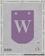 A taped needlepoint canvas with the design: Banner 18 mesh count Curved W White on Purple.