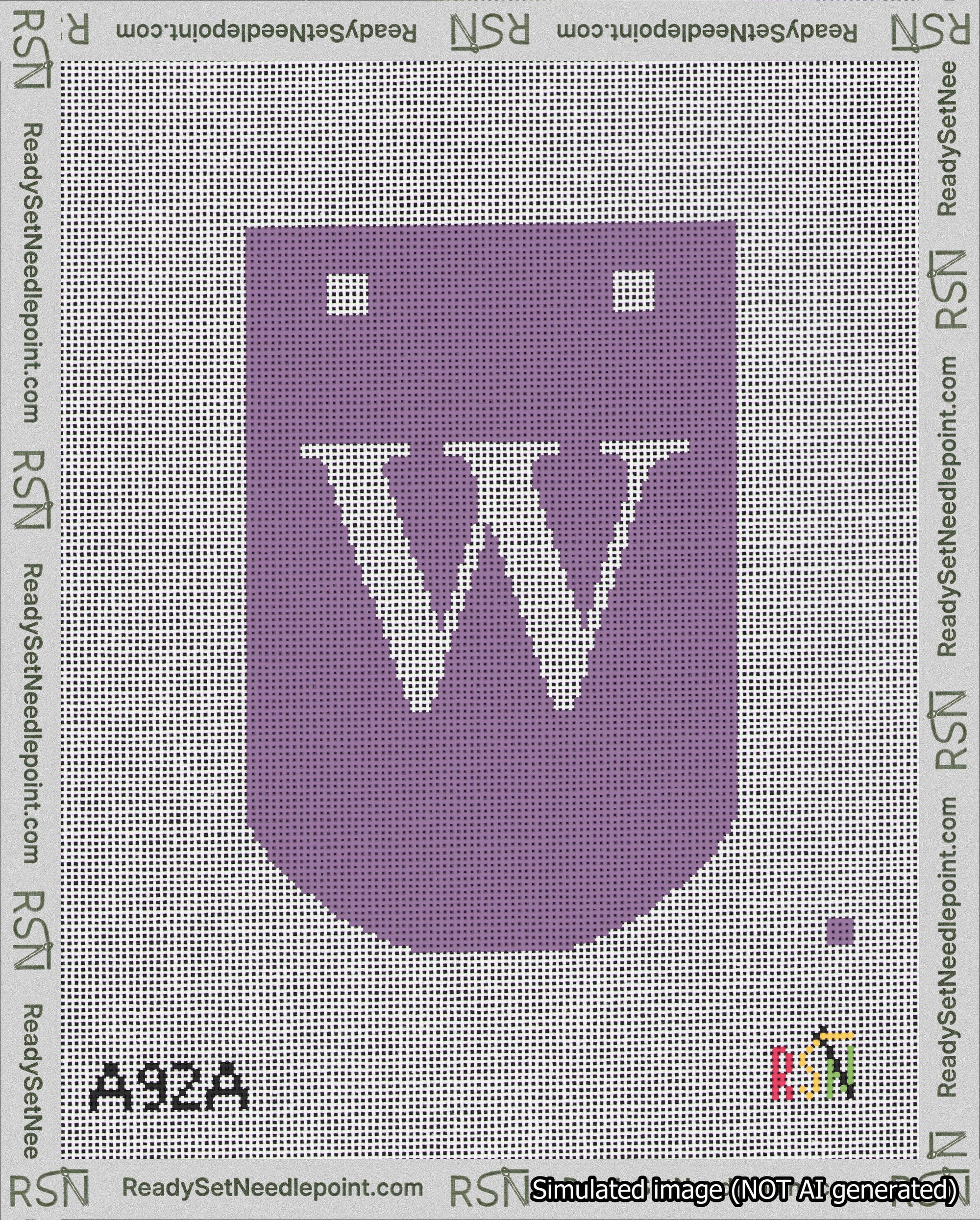A taped needlepoint canvas with the design: Banner 18 mesh count Curved W White on Purple.