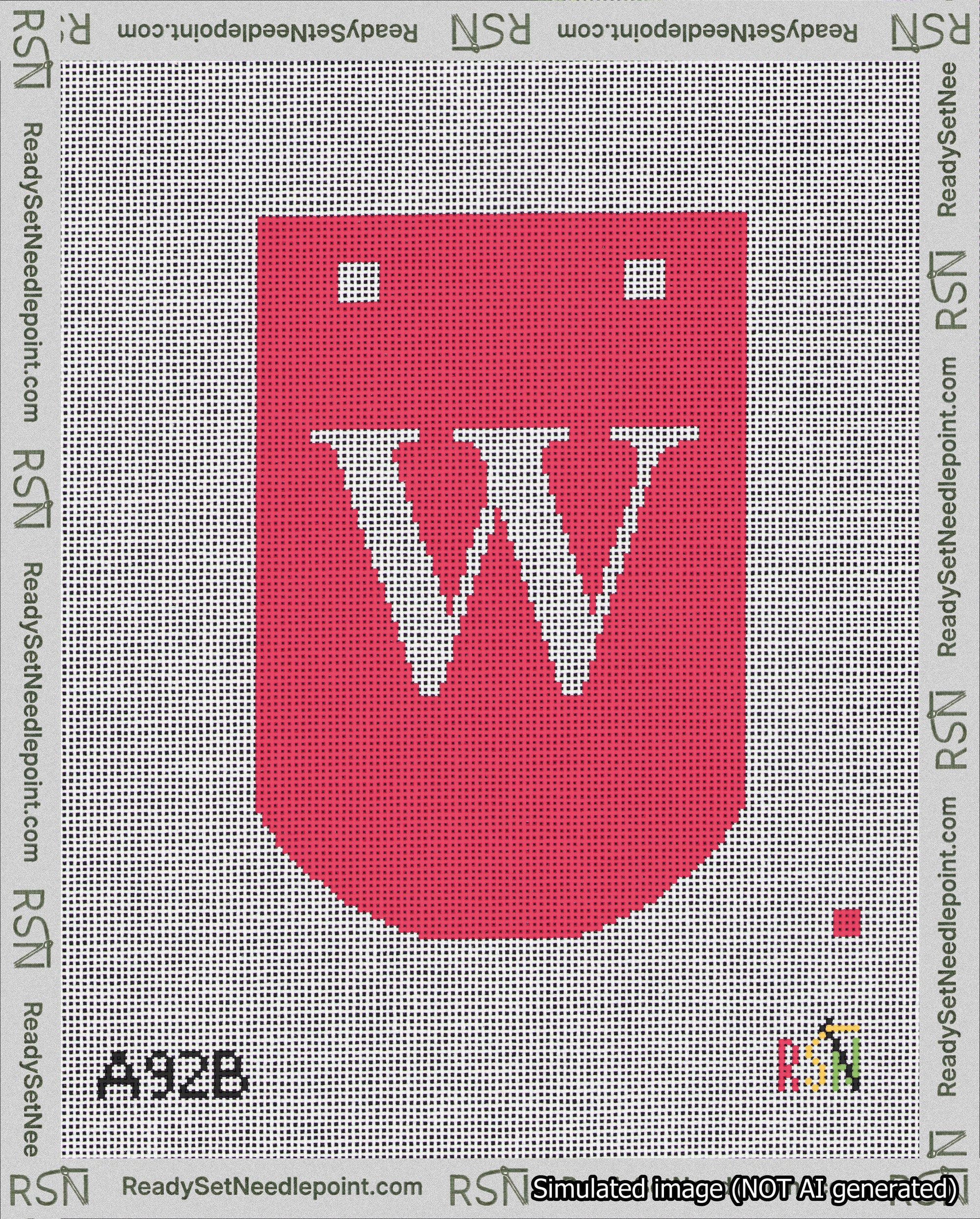 A taped needlepoint canvas with the design: Banner 18 mesh count Curved W White on Red.