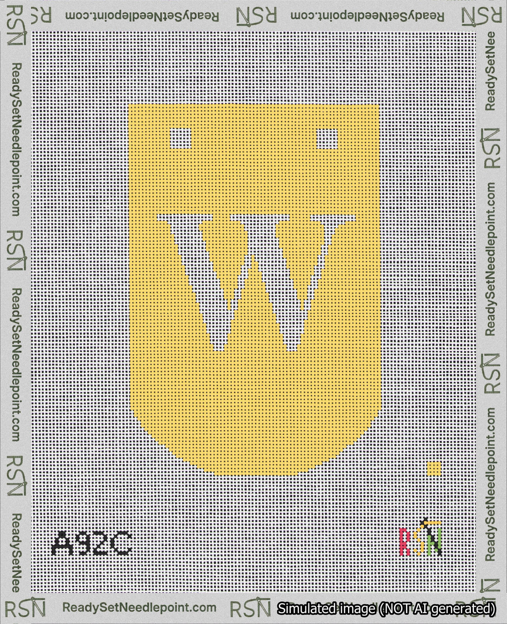 A taped needlepoint canvas with the design: Banner 18 mesh count Curved W White on Yellow.
