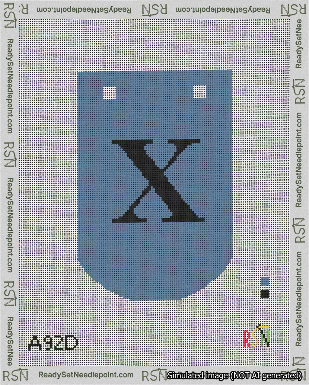 A taped needlepoint canvas with the design: Banner 18 mesh count Curved X Black on Blue.