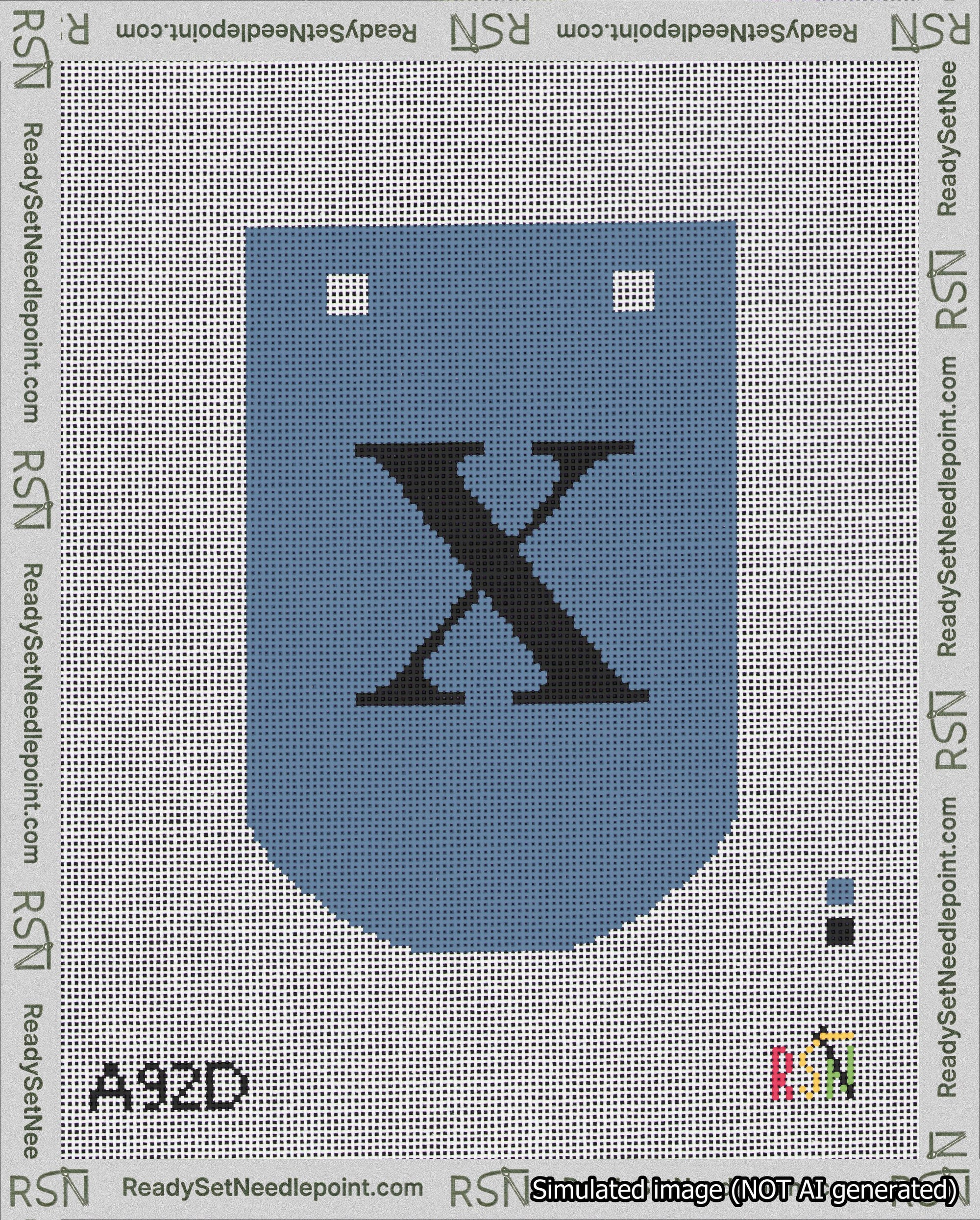 A taped needlepoint canvas with the design: Banner 18 mesh count Curved X Black on Blue.