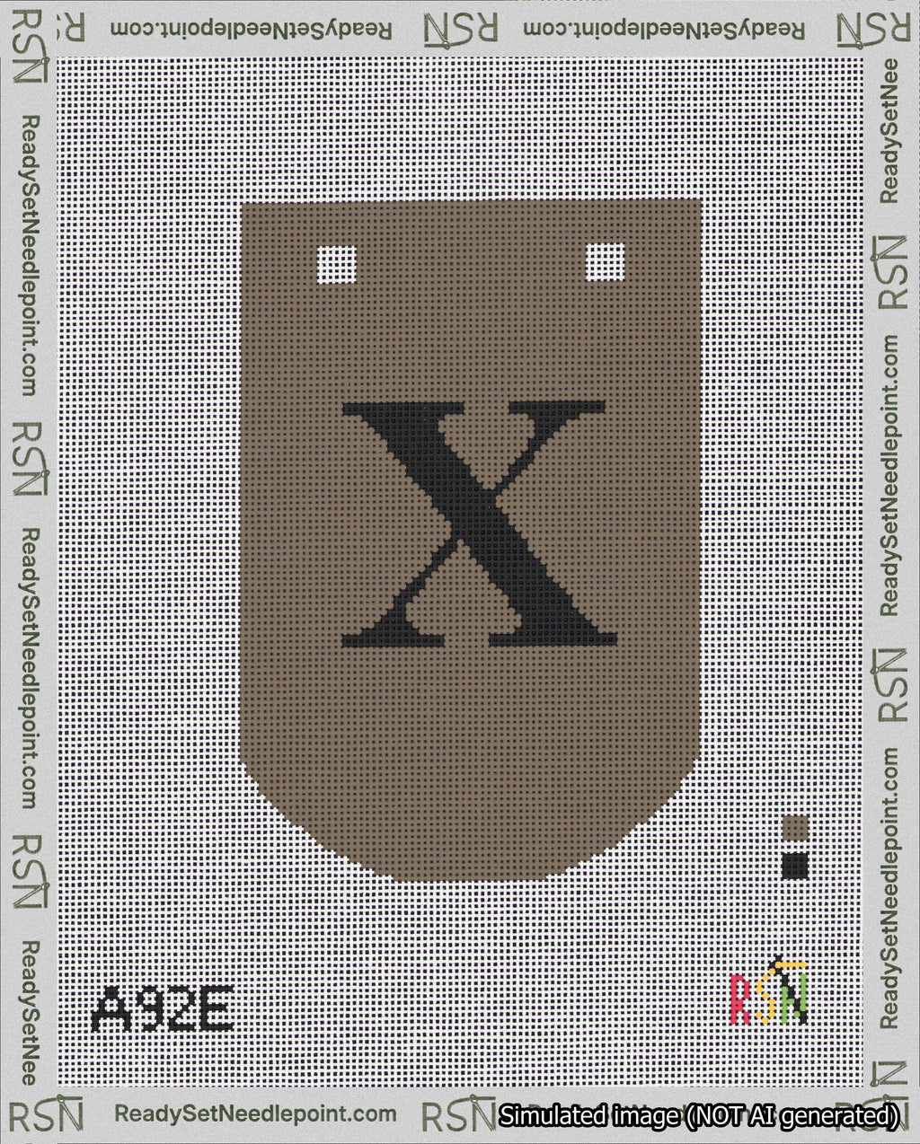 A taped needlepoint canvas with the design: Banner 18 mesh count Curved X Black on Brown.
